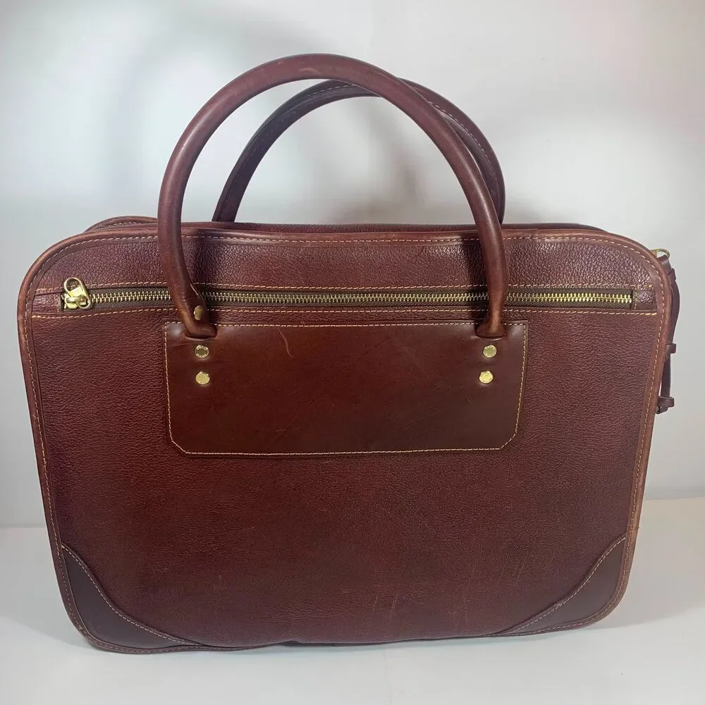 Vintage Orvis Brown Pebbled Leather Briefcase Messenger Laptop Bag Plaid Lining